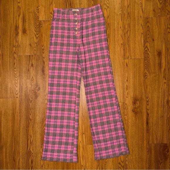 Maeve by Anthropologie Pink Plaid Linen Relaxed Wide Leg Trousers Size 6 - Picture 11 of 12